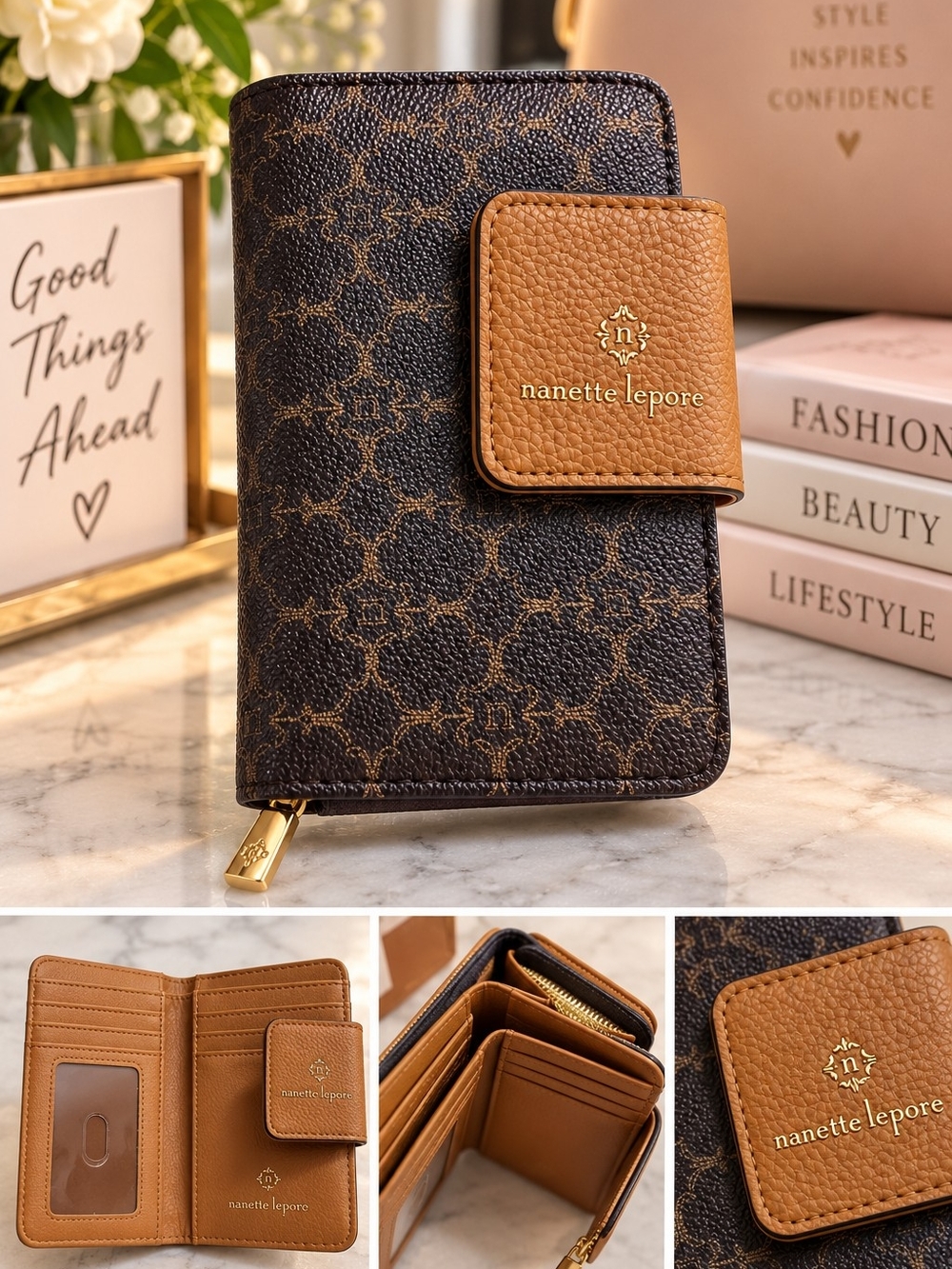 Nanette Lepore Brown Monogram Bifold Wallet Tan Gold-Tone Zip